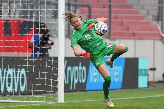 Soccer, U23 Women Germany Denmark, 08 06 26 Goalkeeper Marie Gade 16, Denmark U23 with a save Soccer, Test match U23 Women Germany Denmark on 08 06 26 at Leuna Chemie Stadium Halle Saale Copyright: xBEAUTIFULxSPORTS JanxKaeferx