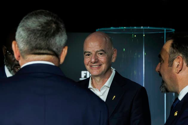 FIFA President Gianni Infantino reacts during the opening of the Legacies of Champions exhibition at Rockefeller Center in New York, in New York, United States, 08 June 2026. The exhibition traces every World Cup since Uruguay 1930 through original artifacts, such as historic uniforms and balls, photographs, sticker albums, and memorabilia from the tournament s most iconic teams and players. FIFA and Hyundai bring the history of the World Cup to Rockefeller Center in New York !ACHTUNG: NUR REDAKTIONELLE NUTZUNG!  Copyright: xAlfonsoxLozanox AME9857 20260608-55020539071_1