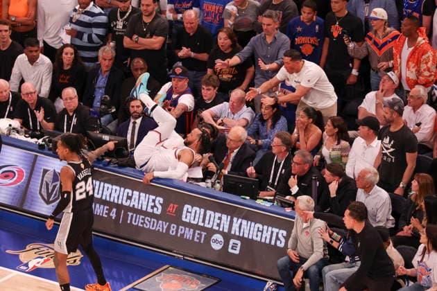 NBA, Basketball Herren, USA Finals Game 3 - San Antonio Spurs at New York Knicks New York Knicks guard Jalen Brunson (C) falls into the crowd during Game 3 of the NBA Finals between the San Antonio Spurs and the New York Knicks at Madison Square Garden in New York, New York, USA, 08 June 2026. NEW YORK NEW YORK UNITED STATES  Copyright: xSARAHxYENESELx