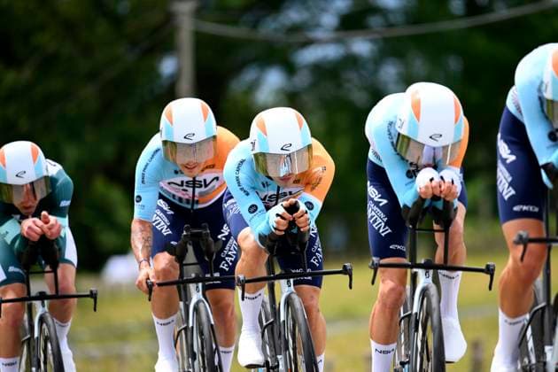 Tour Auvergne - Rhone-Alpes 2026 Stage 3 PERREUX, FRANCE - JUNE 09 : Bennett George (NZL) of NSN Cycling Team, Frigo Marco (ITA) of NSN Cycling Team, Hofstetter Hugo (FRA) of NSN Cycling Team, Marti Pau (ESP) of NSN Cycling Team, Raisberg Nadav (ISR) of NSN Cycling Team during stage 3 of the 78th edition of Tour Auvergne - Rhone-Alpes an UCI World Tour 2.UWT Team Time Trial stage for Men Elite of 28.4 km with start in Perreux and finish in Perreux on June 9, 2026 in Perreux, France, 09 06 2026 ( Motordriver Guy De Vuyst - Perreux France  Copyright: xVincentxKalutx