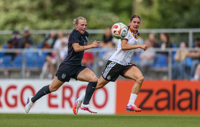 GER, Frankfurt, Germany U19 vs USA U19 friendly match, Football, DFB, 2025 2026 season, DFB Campus, second game in picture from l Hannah Jordan USA U19 Women 20 , Leni Marie Eggert Germany U19 Women 11 DFB DFL REGULATIONS PROHIBIT ANY USE OF PHOTOGRAPHS AS IMAGE SEQUENCES AND OR QUASI VIDEO, 09 06 2026 Copyright: HMBxMedia HendrikxHamelau
