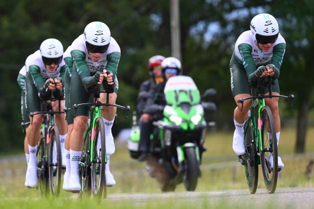 Tour Auvergne - Rhone-Alpes 2026 Stage 3 PERREUX, FRANCE - JUNE 09 : Parra Jose Felix (ESP) of Caja Rural - Seguros RGA, Arriolabengoa Julen (ESP) of Caja Rural - Seguros RGA, Bou Joan (ESP) of Caja Rural - Seguros RGA, Castellon Jan (ESP) of Caja Rural - Seguros RGA, Darder Sergi (ESP) of Caja Rural - Seguros RGA, Diaz Alex (ESP) of Caja Rural - Seguros RGA during stage 3 of the 78th edition of Tour Auvergne - Rhone-Alpes an UCI World Tour 2.UWT Team Time Trial stage for Men Elite of 28.4 km with start in Perreux and finish in Perreux on June 9, 2026 in Perreux, France, 09 06 2026 ( Motordriver Guy De Vuyst - Perreux France  Copyright: xVincentxKalutx