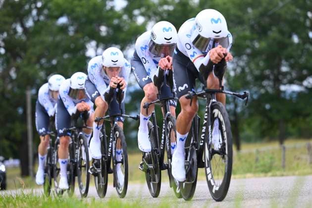 Tour Auvergne - Rhone-Alpes 2026 Stage 3 PERREUX, FRANCE - JUNE 09 : Uijtdebroeks Cian (BEL) of Movistar Team, Castrillo Pablo (ESP) of Movistar Team, Cepeda Jefferson Alveiro (ECU) of Movistar Team, Garcia Pierna Raul (ESP) of Movistar Team, Hessmann Michel (GER) of Movistar Team , Romeo Ivan (ESP) of Movistar Team during stage 3 of the 78th edition of Tour Auvergne - Rhone-Alpes an UCI World Tour 2.UWT Team Time Trial stage for Men Elite of 28.4 km with start in Perreux and finish in Perreux on June 9, 2026 in Perreux, France, 09 06 2026 ( Motordriver Guy De Vuyst - Perreux France  Copyright: xVincentxKalutx