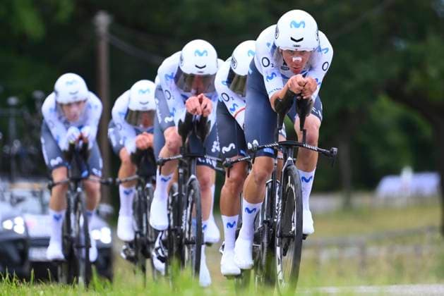 Tour Auvergne - Rhone-Alpes 2026 Stage 3 PERREUX, FRANCE - JUNE 09 : Uijtdebroeks Cian (BEL) of Movistar Team, Castrillo Pablo (ESP) of Movistar Team, Cepeda Jefferson Alveiro (ECU) of Movistar Team, Garcia Pierna Raul (ESP) of Movistar Team, Hessmann Michel (GER) of Movistar Team , Romeo Ivan (ESP) of Movistar Team during stage 3 of the 78th edition of Tour Auvergne - Rhone-Alpes an UCI World Tour 2.UWT Team Time Trial stage for Men Elite of 28.4 km with start in Perreux and finish in Perreux on June 9, 2026 in Perreux, France, 09 06 2026 ( Motordriver Guy De Vuyst - Perreux France  Copyright: xVincentxKalutx