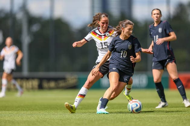 GER, Frankfurt, Germany U19 vs USA U19 friendly match, Football, DFB, Season 2025 2026, DFB Campus, second match in picture from l Maj Schneider Germany U19 Women 15 , Ashlyn Puerta USA U19 Women 10 DFB DFL REGULATIONS PROHIBIT ANY USE OF PHOTOGRAPHS AS IMAGE SEQUENCES AND OR QUASI VIDEO, 09 06 2026 Copyright: HMBxMedia HendrikxHamelau