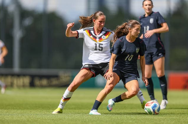 GER, Frankfurt, Germany U19 vs USA U19 friendly match, Football, DFB, Season 2025 2026, DFB Campus, second match in picture from l Maj Schneider Germany U19 Women 15 , Ashlyn Puerta USA U19 Women 10 DFB DFL REGULATIONS PROHIBIT ANY USE OF PHOTOGRAPHS AS IMAGE SEQUENCES AND OR QUASI VIDEO, 09 06 2026 Copyright: HMBxMedia HendrikxHamelau