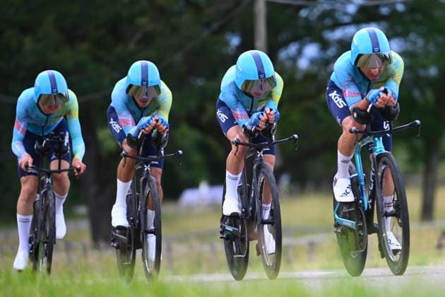 Tour Auvergne - Rhone-Alpes 2026 Stage 3 PERREUX, FRANCE - JUNE 09 : rider of team XDS Astana Team during stage 3 of the 78th edition of Tour Auvergne - Rhone-Alpes an UCI World Tour 2.UWT Team Time Trial stage for Men Elite of 28.4 km with start in Perreux and finish in Perreux on June 9, 2026 in Perreux, France, 09 06 2026 ( Motordriver Guy De Vuyst - Perreux France  Copyright: xVincentxKalutx