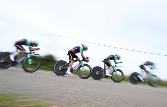 Tour Auvergne - Rhone-Alpes 2026 Stage 3 PERREUX, FRANCE - JUNE 09 : riders of team Decathlon CMA CGM Team during stage 3 of the 78th edition of Tour Auvergne - Rhone-Alpes an UCI World Tour 2.UWT Team Time Trial stage for Men Elite of 28.4 km with start in Perreux and finish in Perreux on June 9, 2026 in Perreux, France, 09 06 2026 ( Motordriver Guy De Vuyst - Perreux France  Copyright: xVincentxKalutx