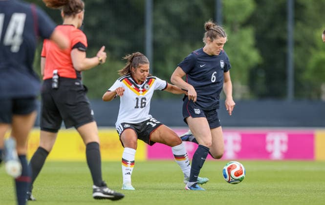 GER, Frankfurt, Germany U19 vs USA U19 friendly match, Football, DFB, 2025 2026 season, DFB Campus, second match in picture f l Paula Rintzner Germany U19 Women 16 , Keria Kemmerley USA U19 Women 6 DFB DFL REGULATIONS PROHIBIT ANY USE OF PHOTOGRAPHS AS IMAGE SEQUENCES AND OR QUASI VIDEO, 09 06 2026 Copyright: HMBxMedia HendrikxHamelau
