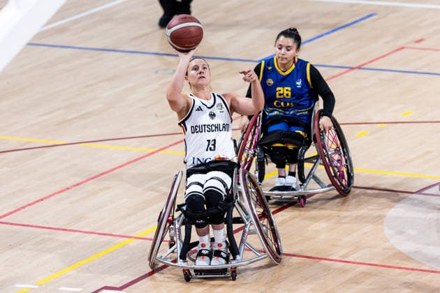 GUADALAJARA, SPAIN - JUNE 08: Svenja Mayer (Germany, 13) controls the ball against Caren Barreto (Colombia, 26) during the 2026 IWBF Women™s Repechage match between Angola vs. Germany at Palacio Multiusos de Guadalajara on June 08, 2026 in Guadalajara, Spain. Spain Copyright: xSteffiexWunderlx