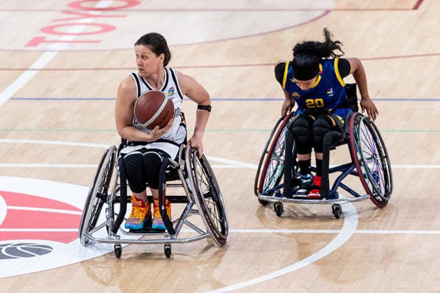 GUADALAJARA, SPAIN - JUNE 08: Anne Patzwald (Germany, 7) controls the ball against Caren Duenas (Colombia, 20) during the 2026 IWBF Women™s Repechage match between Angola vs. Germany at Palacio Multiusos de Guadalajara on June 08, 2026 in Guadalajara, Spain. Spain Copyright: xSteffiexWunderlx