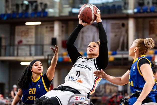GUADALAJARA, SPAIN - JUNE 08: Roli-Ann Neubauer (Germany, 11) controls the ball against Caren Duenas (Colombia, 20) during the 2026 IWBF Women™s Repechage match between Angola vs. Germany at Palacio Multiusos de Guadalajara on June 08, 2026 in Guadalajara, Spain. Spain Copyright: xSteffiexWunderlx