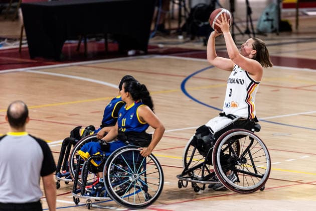 GUADALAJARA, SPAIN - JUNE 08: Lena Knippelmeyer (Germany, 9) shooting the ball during the 2026 IWBF Women™s Repechage match between Angola vs. Germany at Palacio Multiusos de Guadalajara on June 08, 2026 in Guadalajara, Spain. Spain Copyright: xSteffiexWunderlx