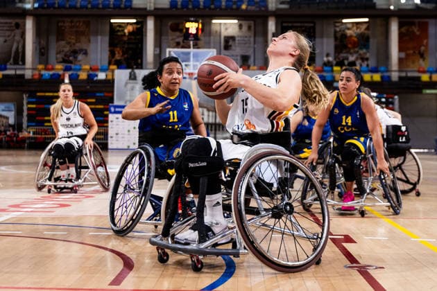 GUADALAJARA, SPAIN - JUNE 08: Marie Kier (Germany, 15) controls the ball against Leidy Gonzalez (Colombia, 11) during the 2026 IWBF Women™s Repechage match between Angola vs. Germany at Palacio Multiusos de Guadalajara on June 08, 2026 in Guadalajara, Spain. Spain Copyright: xSteffiexWunderlx