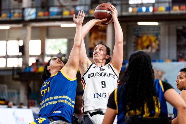 GUADALAJARA, SPAIN - JUNE 08: Lena Knippelmeyer (Germany, 9) controls the ball against Gladys Gomez (Colombia, 14) during the 2026 IWBF Women™s Repechage match between Angola vs. Germany at Palacio Multiusos de Guadalajara on June 08, 2026 in Guadalajara, Spain. Spain Copyright: xSteffiexWunderlx
