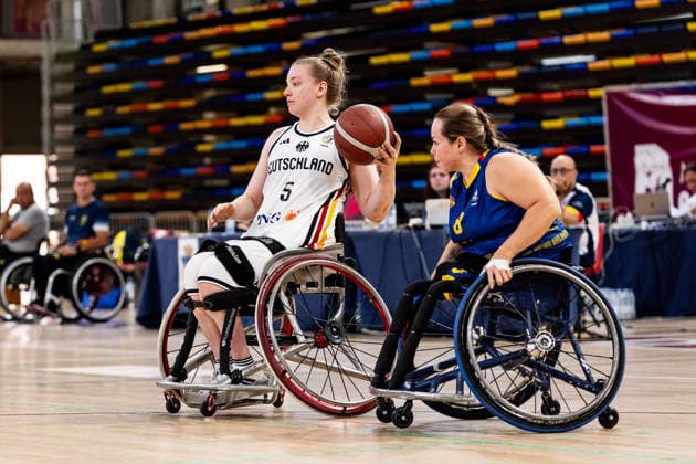GUADALAJARA, SPAIN - JUNE 08: Svenja Erni (Germany, 5) controls the ball against Yuly Quiceno (Colombia, 8) during the 2026 IWBF Women™s Repechage match between Angola vs. Germany at Palacio Multiusos de Guadalajara on June 08, 2026 in Guadalajara, Spain. Spain Copyright: xSteffiexWunderlx