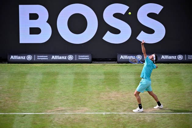 Daniel Altmaier GER Action serve in the background perimeter advertising Logo BODD Tennis Men BOSS Open ATP 250 Stuttgart 2026 Weissenhof BOSS Open ATP 250 Stuttgart 2026