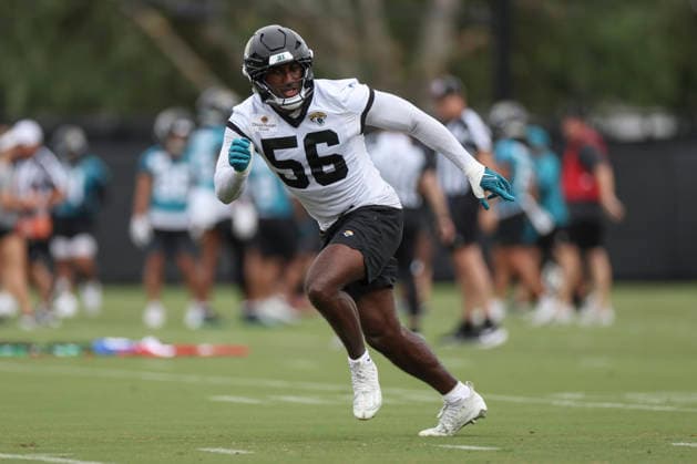 JACKSONVILLE, FL - JUNE 09: Jacksonville Jaguars linebacker Yasir Abdullah (56) works on a drill during Minicamp on June 9, 2026 at Miller Electric Center in Jacksonville, Fl. (Photo by David Rosenblum Icon Sportswire) NFL, American Football Herren, USA JUN 09 Jacksonville Jaguars Minicamp EDITORIAL USE ONLY Icon260609161589