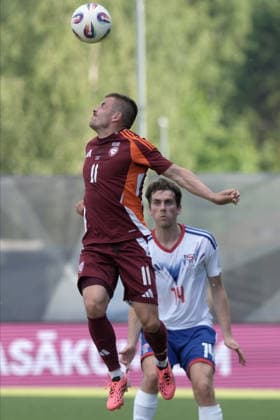 Latvia Faroe Islands Soccer, RÄ«ga, Latvia, 09.06.2026 Roberts Savalnieks and Gullbrandur Oregaard in action during Baltic Cup game between Latvia and Faroe Islands national teams In Riga, Latvia, 09.06.2026. Photo: Roman Koksarov (RKF) RÄ«ga Latvia Copyright: xRomanxKoksarovx DSC00621.JPG