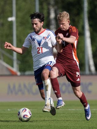 Latvia Faroe Islands Soccer, RÄ«ga, Latvia, 09.06.2026 Geza David Turi and Maksims Tonisevs in action during Baltic Cup game between Latvia and Faroe Islands national teams In Riga, Latvia, 09.06.2026. Photo: Roman Koksarov (RKF) RÄ«ga Latvia Copyright: xRomanxKoksarovx DSC00668.JPG