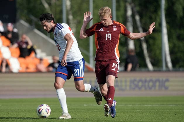 Latvia Faroe Islands Soccer, RÄ«ga, Latvia, 09.06.2026 Geza David Turi and Maksims Tonisevs in action during Baltic Cup game between Latvia and Faroe Islands national teams In Riga, Latvia, 09.06.2026. Photo: Roman Koksarov (RKF) RÄ«ga Latvia Copyright: xRomanxKoksarovx DSC00668.JPG