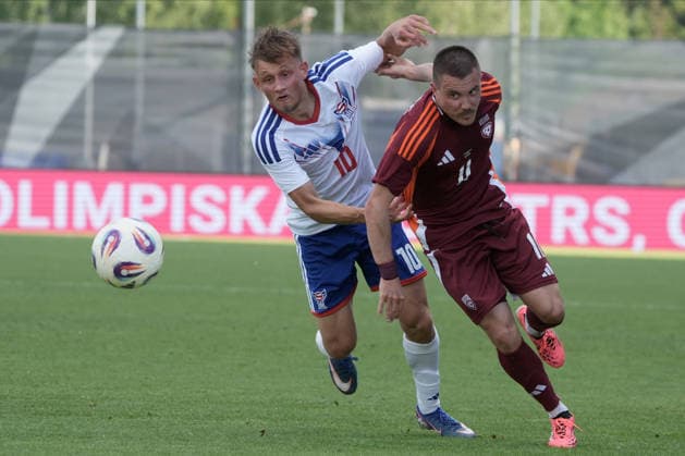 Latvia Faroe Islands Soccer, RÄ«ga, Latvia, 09.06.2026 Roberts Savalnieks and Aki Samuelsen in action during Baltic Cup game between Latvia and Faroe Islands national teams In Riga, Latvia, 09.06.2026. Photo: Roman Koksarov (RKF) RÄ«ga Latvia Copyright: xRomanxKoksarovx DSC00690.JPG