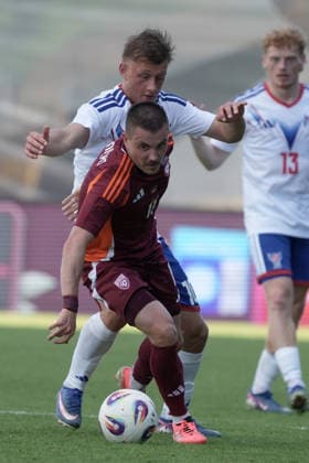 Latvia Faroe Islands Soccer, RÄ«ga, Latvia, 09.06.2026 Roberts Savalnieks and Aki Samuelsen in action during Baltic Cup game between Latvia and Faroe Islands national teams In Riga, Latvia, 09.06.2026. Photo: Roman Koksarov (RKF) RÄ«ga Latvia Copyright: xRomanxKoksarovx DSC00805.JPG