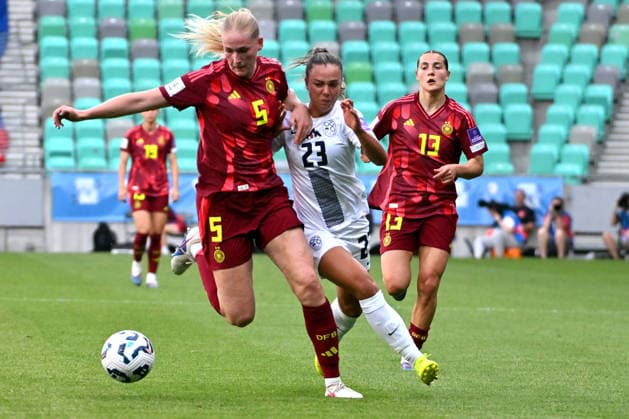LJUBLJANA, SLOVENIA - JUNE 09: Camilla Kuver of Germany (L) in action against Maja Sternad of Slovenia (C) during the UEFA Women’s European Qualifiers for 2027 World Cup match between Slovenia and Germany at Stadium Stozice, Ljubljana on June 09, 2026 in Ljubljana, Slovenia. (Photo by Igor Kupljenik Sports Press Photo).  Copyright: xIgorxKupljenikx xSPPx Sportspressphoto_SPR163995
