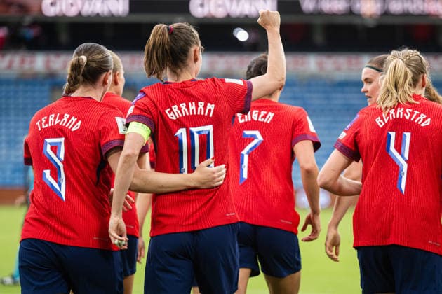 260609 Elisabeth Terland and Cathinka Tandberg of Norway celebrates after 2 0 during the FIFA Women s World Cup Qualifier football match between Norway and Austria on June 9, 2026 in Oslo Photo Jon Olav Nesvold BILDBYRAN COP 217 MM0070 bbeng fotball soccer football fotboll fifa world cup qualifiers vm kvalifisering kvinner vm kvalik landskamp dam norge norway austria osterrike jubel  Copyright: JONxOLAVxNESVOLD BB260609JE023