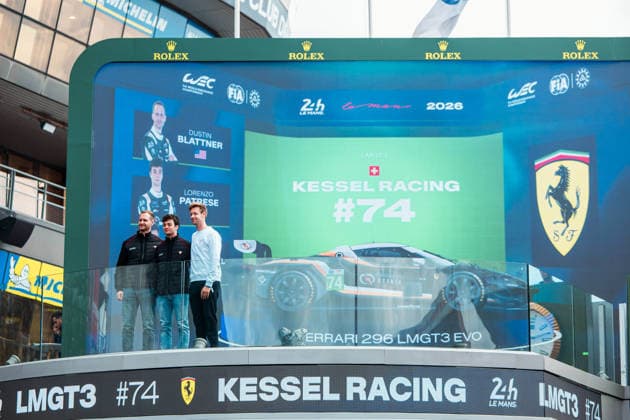 24 HEURES DU MANS 2026 - TUESDAY 74 BLATTNER Dustin (usa), PATRESE Lorenzo (ita), MARSCHALL Dennis (ger), Kessel Racing, Ferrari 296 LMGT3 74, LM GT3, action, autograph session, during the 24 Hours of Le Mans 2026, 3rd round of the 2026 FIA World Endurance Championship, on June 9, 2026 on the Circuit des 24 Heures du Mans in Le Mans, France -  Copyright: xAndreaxLorenzinax