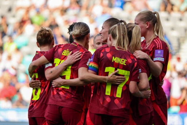 Ljubljana, Slovenia 09 06 2026 International womens World Cup qualifier Slovenia vs Germany In the picture The players of the German womens national soccer team cheer after the own goal to 0 1 for Germany by Lara Prasnikar Slovenia Copyright: HMBxMedia MadeleinexFantini