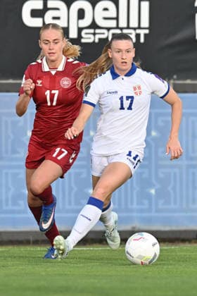 SERBIA vs DENMARK ALLEGRA POLJAK vs KATHRINE MOLLER KUHL football Serbia vs Denmar UEFA European Championship, EM, Europameisterschaft qualifzing match at sports center FSS, Stara Pazova 09.06.2026 Foto: FOOTBALL, SERBIA, DENMARK, UEFA EUROPEAN CHAMPIONSHIP QUALIFICATIONS, WOMEN Stara Pazova Sports center Stara Pazova Serbia Copyright: xMarkoxMetlas xMNxPressx