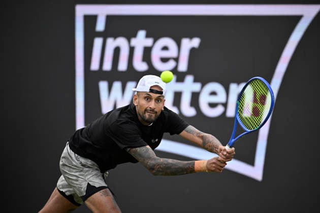 Nick Kyrgios AUS Action in the background Perimeter advertising Logo INTERWETTEN Tennis Men BOSS Open ATP 250 Stuttgart 2026 Weissenhof BOSS Open ATP 250 Stuttgart 2026