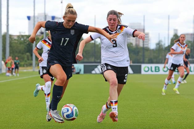 Frankfurt, Germany 09 June 2026 U19 Womens National Team 2026 Test Match Germany vs USA Pictured from left in duel Kylie Maxwell USA vs Lenelotte Müller Mueller Germany DFL DFB regulations prohibit any use of photographs as image sequences and or quasi video DFB Campus Hessen Copyright: xFotostandx xRacochax