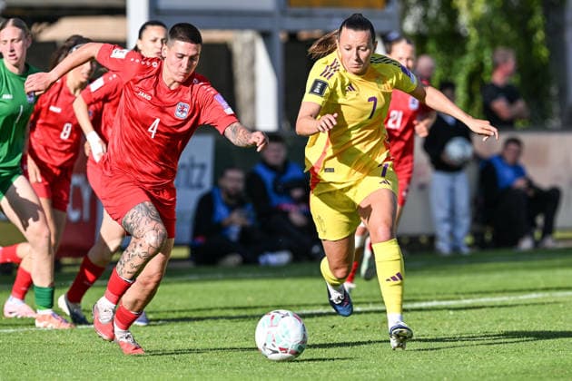 SOCCER WOMEN UEFA QUALIFIERS B4 MD6 LUXEMBURG VS BELGIUM Hannah Eurlings (7) of Belgium and =l4= pictured during a women football game between the national teams of Luxemburg and Belgium , called the Red Flames , on the sixth match day in League B Group B4 in the league stage of the 2026-27 UEFA Women s European Qualifiers competition , on Tuesday 9 June 2026 in Esch-sur-Alzette , Luxemburg . PHOTO SPORTPIX Stijn Audooren Esch-sur-Alzette Stade de la Frontiere Luxemburg  Copyright: xSportpix.bex xStijnxAudoorenxStijnxAudoorenx