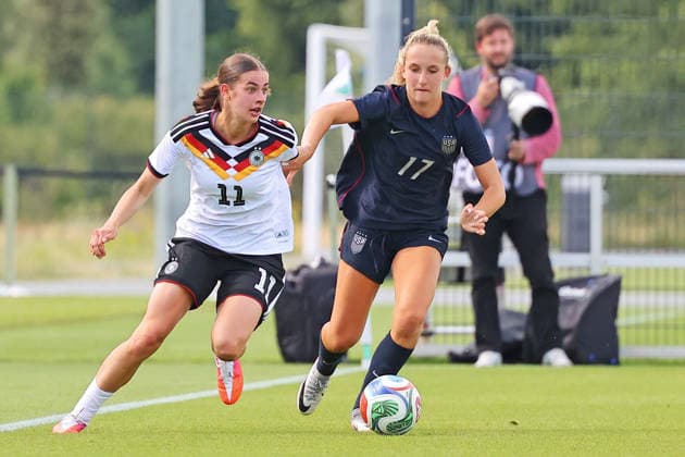 Frankfurt, Germany 09 June 2026 U19 Womens National Team 2026 Test Match Germany vs USA Pictured Leni Marie Eggert Germany vs Kylie Maxwell USA DFL DFB regulations prohibit any use of photographs as image sequences and or quasi video DFB Campus Hessen Copyright: xFotostandx xRacochax