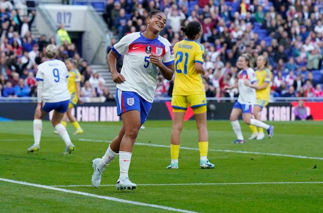 Liverpool, England, 9th June 2026. Jess Carter of England celebrates after scoring the opening goal during the England Women vs Ukraine Women FIFA Women s World Cup Qualifying match at Hill Dickinson Stadium, Liverpool. Picture credit should read: Andrew Yates Sportimage EDITORIAL USE ONLY. No use with unauthorised audio, video, data, fixture lists, club league logos or live services. Online in-match use limited to 120 images, no video emulation. No use in betting, games or single club league player publications. SPI_003_AY_ENG_UKRAINE SPI-4844-0003