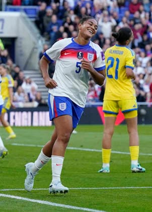 Liverpool, England, 9th June 2026. Jess Carter of England celebrates after scoring the opening goal during the England Women vs Ukraine Women FIFA Women s World Cup Qualifying match at Hill Dickinson Stadium, Liverpool. Picture credit should read: Andrew Yates Sportimage EDITORIAL USE ONLY. No use with unauthorised audio, video, data, fixture lists, club league logos or live services. Online in-match use limited to 120 images, no video emulation. No use in betting, games or single club league player publications. SPI_004_AY_ENG_UKRAINE SPI-4844-0004