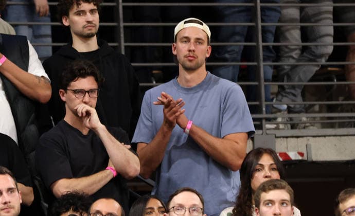 NBA pro and Berliner Franz Wagner in the stands in the audience Sport Basketball BBL Bundesliga Mens Play Off Semi-Final 5 Match Season 2025 2026 09 06 2026 ALBA Berlin vs BMA365 Bamberg Baskets