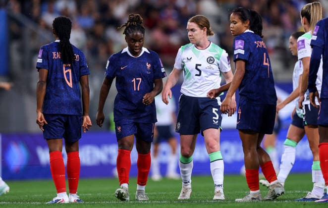 2027 FIFA Women s World Cup Qualifier, Stade des Alpes, Grenoble, France 9 6 2026 France vs Republic of Ireland Ireland s Aoife Mannion with Sandy Baltimore of France Aoife Mannion with Sandy Baltimore 9 6 2026  Copyright: x INPHO BenxBradyx BB3_9844