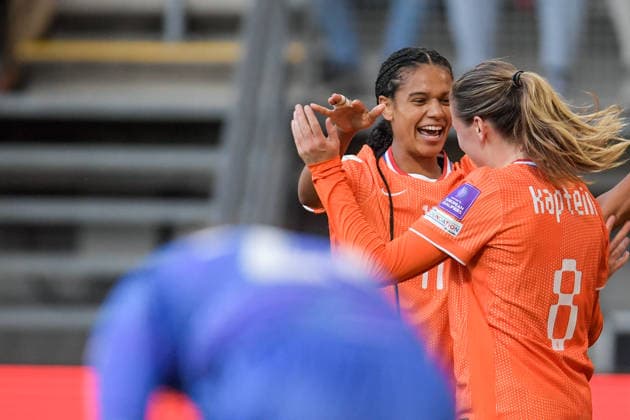 2026-06-09 The Netherlands v Poland - Women s World Cup Qualifier ALMELO, NETHERLANDS - JUNE 9: Esmee Brugts of Netherlands, Wieke Kaptein of Netherlands celebrating a goal during the Women s World Cup Qualifier match between The Netherlands and Poland at Asito Stadion on June 9, 2026 in Almelo, Netherlands. Almelo Asito Stadion Netherlands Content not available for redistribution in The Netherlands directly or indirectly through any third parties. Copyright: xDennisxBresserx