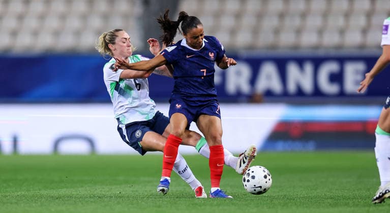 2027 FIFA Women s World Cup Qualifier, Stade des Alpes, Grenoble, France 9 6 2026 France vs Republic of Ireland Ireland s Megan Connolly with Sakina Karchaoui of France Megan Connolly with Sakina Karchaoui 9 6 2026  Copyright: x INPHO BenxBradyx BB3_0268