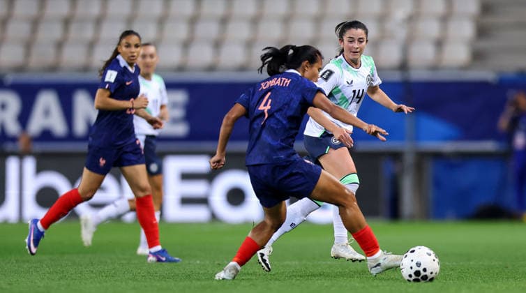 2027 FIFA Women s World Cup Qualifier, Stade des Alpes, Grenoble, France 9 6 2026 France vs Republic of Ireland Ireland s Marissa Sheva with Alice Sombath of France Marissa Sheva with Alice Sombath 9 6 2026  Copyright: x INPHO BenxBradyx BB3_0326