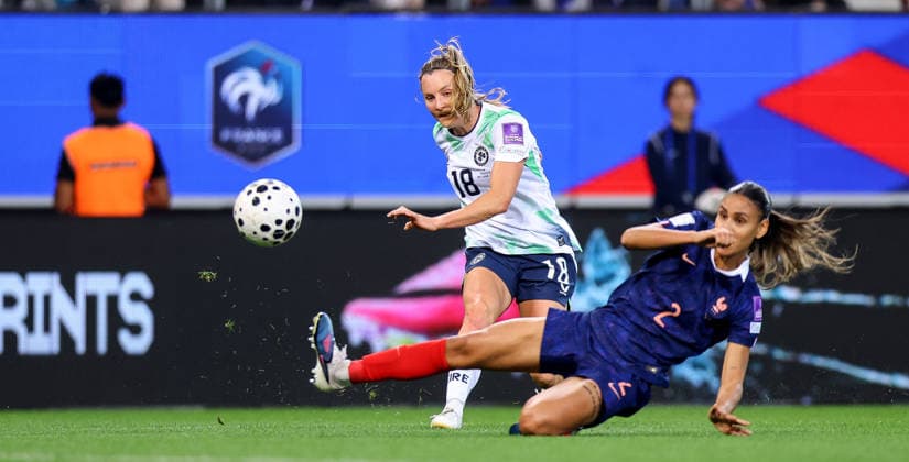 2027 FIFA Women s World Cup Qualifier, Stade des Alpes, Grenoble, France 9 6 2026 France vs Republic of Ireland Ireland s Kyra Carusa shoots under pressure from MaÃ«lle Lakrar of France Kyra Carusa shoots under pressure from MaÃ«lle Lakrar 9 6 2026  Copyright: x INPHO BenxBradyx BB3_0508