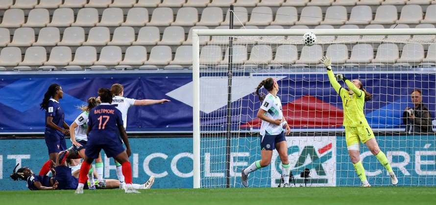 2027 FIFA Women s World Cup Qualifier, Stade des Alpes, Grenoble, France 9 6 2026 France vs Republic of Ireland France s Melvine Malard scores her sides first goal past goalkeeper Courtney Brosnan of Ireland Melvine Malard scores her sides first goal past goalkeeper Courtney Brosnan 9 6 2026  Copyright: x INPHO BenxBradyx BB3_0110