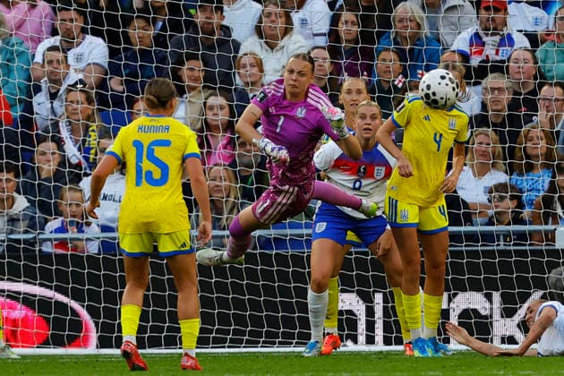 England Women v Ukraine Women, Liverpool, UK - 9 June 2026 Kateryna Boklach Goalkeeper of Ukraine punches the ball clear during the FIFA Women™s World Cup 2027 qualifying group match between England and Ukraine at Hill Dickinson Stadium on 9 June 2026 in Liverpool, England (Photo by Steve Taylor PPAUK) Bramley-Moore Dock Hill Dickinson Stadium Liverpool England Copyright: xStevexTaylor PPAUKx PPA-280592