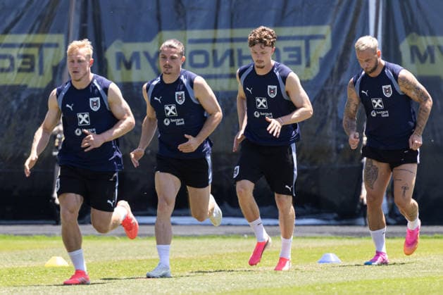 SOCCER - FIFA World Cup, WM, Weltmeisterschaft, Fussball 2026, preview SANTA BARBARA,CALIFORNIA,USA,09.JUN.26 - SOCCER - FIFA World Cup 2026, USA, Mexico, Canada, preview, OEFB, Oesterreichischer Fussball-Bund, training team AUT. Image shows Xaver Schlager, Marcel Sabitzer, Paul Wanner and Marko Arnautovic (AUT).  GEPAxpictures xArminxRauthner
