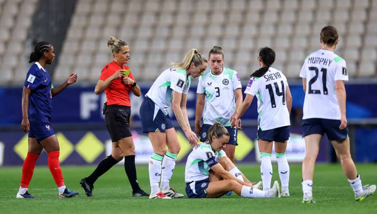 2027 FIFA Women s World Cup Qualifier, Stade des Alpes, Grenoble, France 9 6 2026 France vs Republic of Ireland Ireland s Katie McCabe after being fouled Katie McCabe after being fouled 9 6 2026  Copyright: x INPHO BenxBradyx BB3_0446