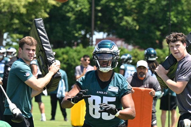 PHILADELPHIA, PA - JUNE 09: Philadelphia Eagles tight end Stone Smartt 85 is shown during the Philadelphia Eagles off season minicamp on June 9th, 2026 at the Jefferson Health Training Complex in Philadelphia, PA. (Photo by Terence Lewis Icon Sportswire) NFL, American Football Herren, USA JUN 09 Philadelphia Eagles Minicamp EDITORIAL USE ONLY Icon260609012