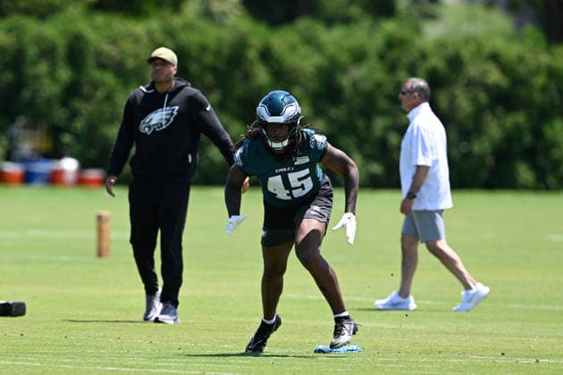 PHILADELPHIA, PA - JUNE 09: Philadelphia Eagles tight end Dae™Quan Wright 45 runs a drill during the Philadelphia Eagles off season minicamp on June 9th, 2026 at the Jefferson Health Training Complex in Philadelphia, PA. (Photo by Terence Lewis Icon Sportswire) NFL, American Football Herren, USA JUN 09 Philadelphia Eagles Minicamp EDITORIAL USE ONLY Icon260609018